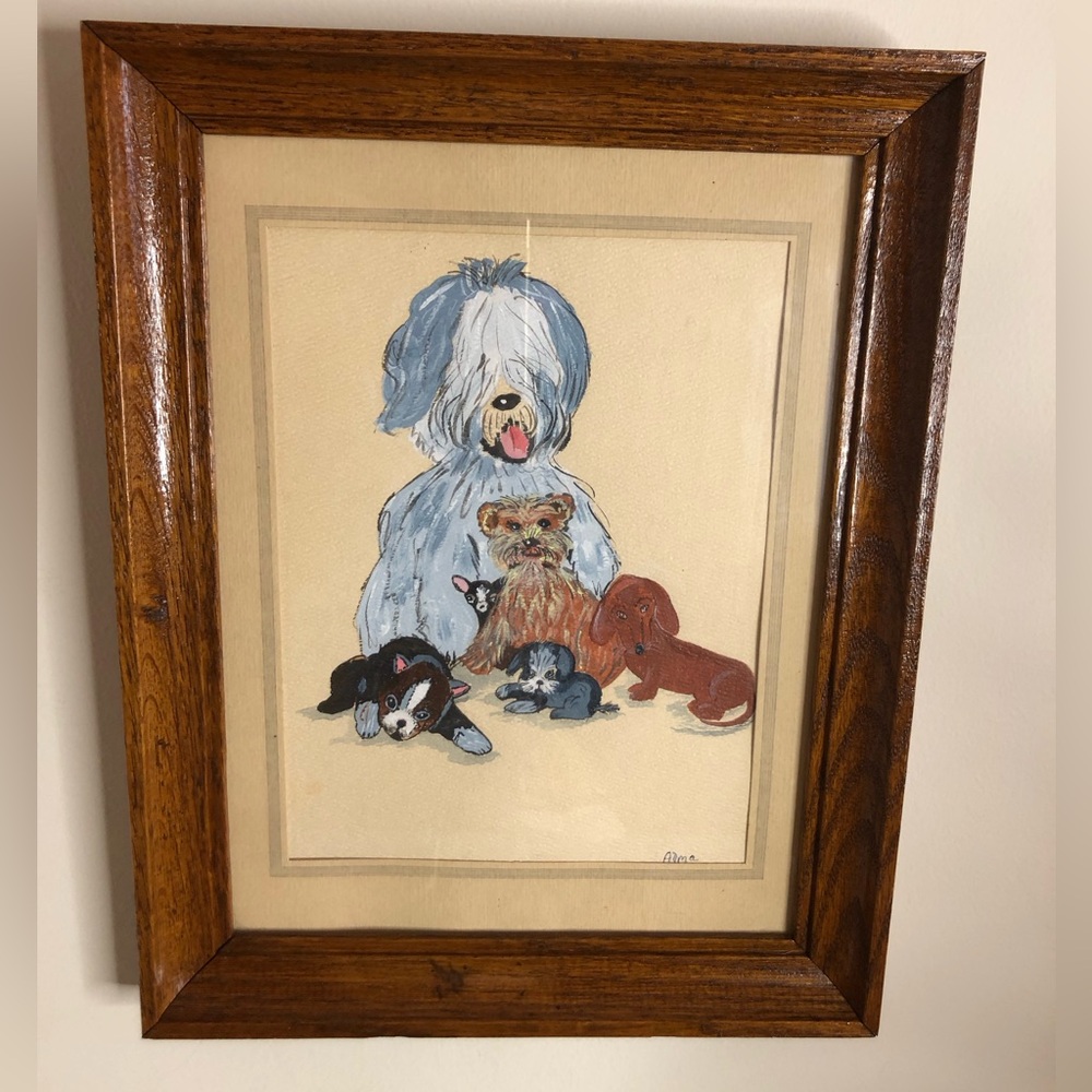 Original dog drawing artist signed